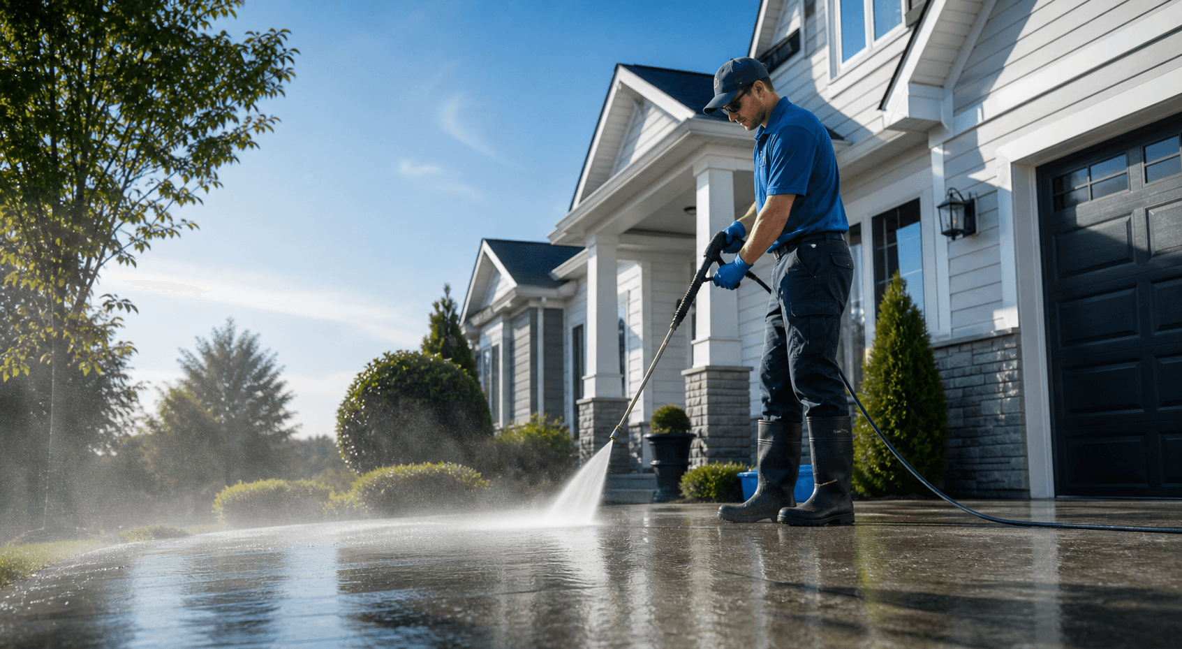 Technician pressure washing a clean residential driveway